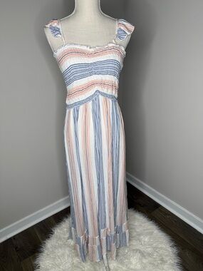 Kiwi and Punch Smocked Stripe Maxi Dress in Blue and Peach Large
